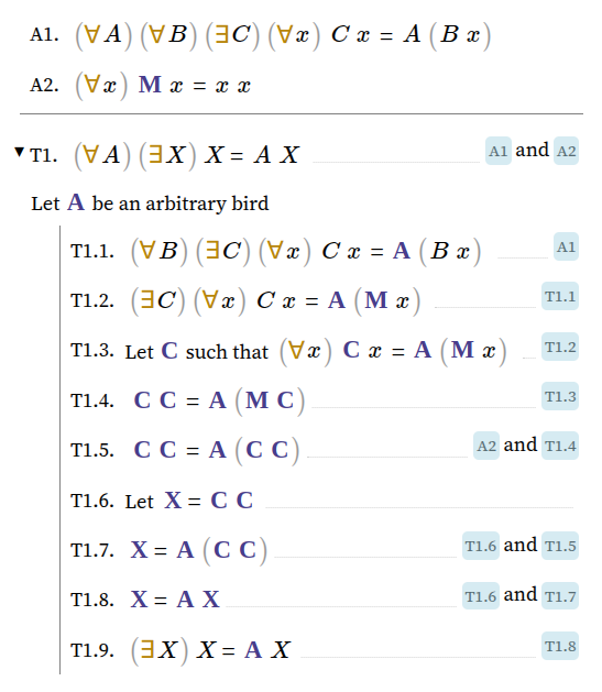 Screenshot of the proof system showing axioms A1: (∀A)(∀B)(∃C)(∀x) C x = A (B x) (composition rule) and A2: (M x = x x), with derived theorem T1: (∀A)(∃X) X = A X. Sub-steps demonstrate for-all and exists eliminations, rewriting, and expression naming.